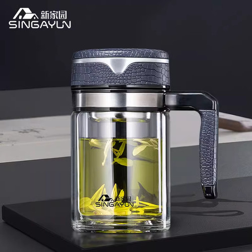 新家园双层玻璃杯透明茶杯带把办公室茶水分离大容量泡茶杯子带盖
