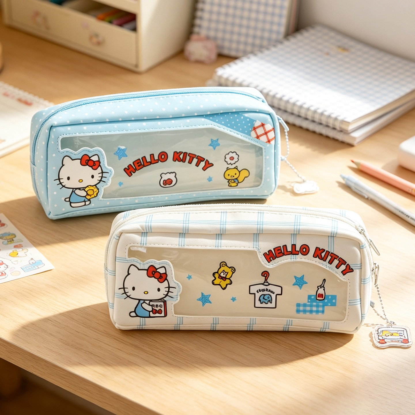 悦木正版hellokitty凯蒂猫PU皮质笔袋大容量开窗透明笔袋KT猫文具盒铅笔盒学生高颜值可爱三丽鸥文具袋收纳袋