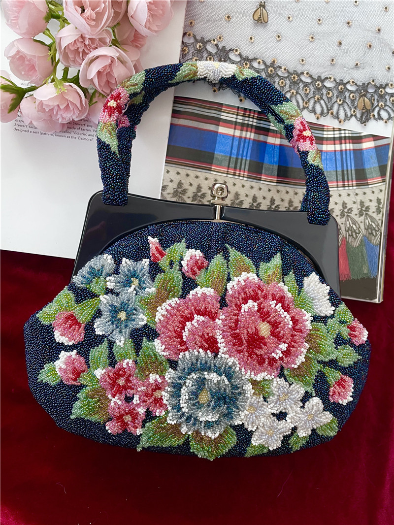 日本制亚克力口金立体珠绣双面绣手工串珠中古包晚宴包