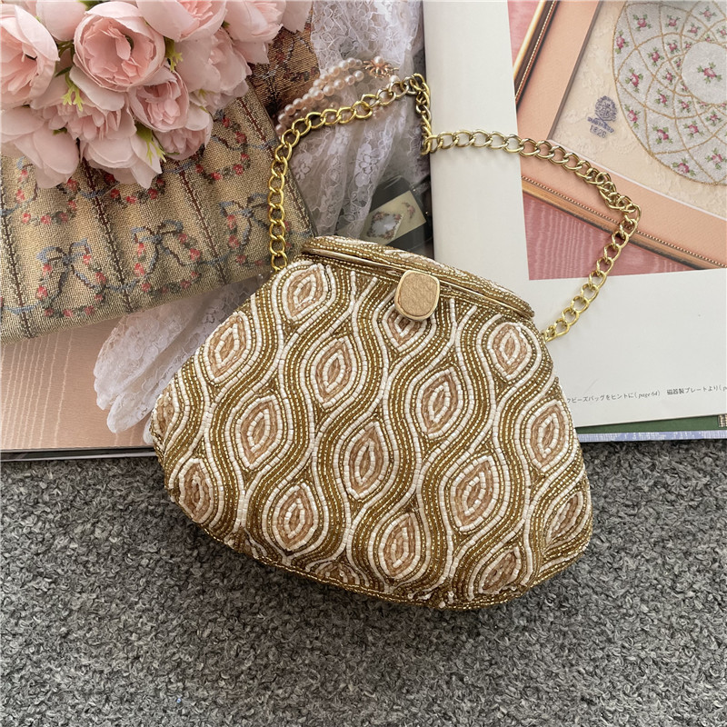 日本回流vintage手工串珠中古包晚宴包链条手拎包翻盖元宝包