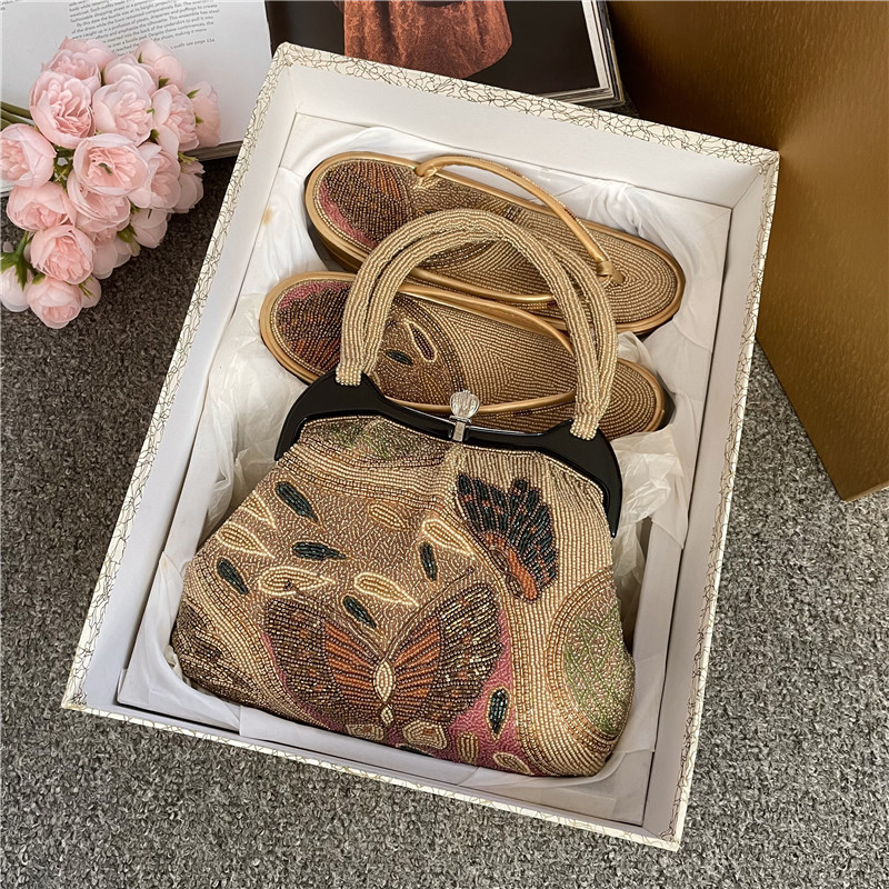 木屐套装Vintage日本制手工串珠晚宴包亚克力口金中古包