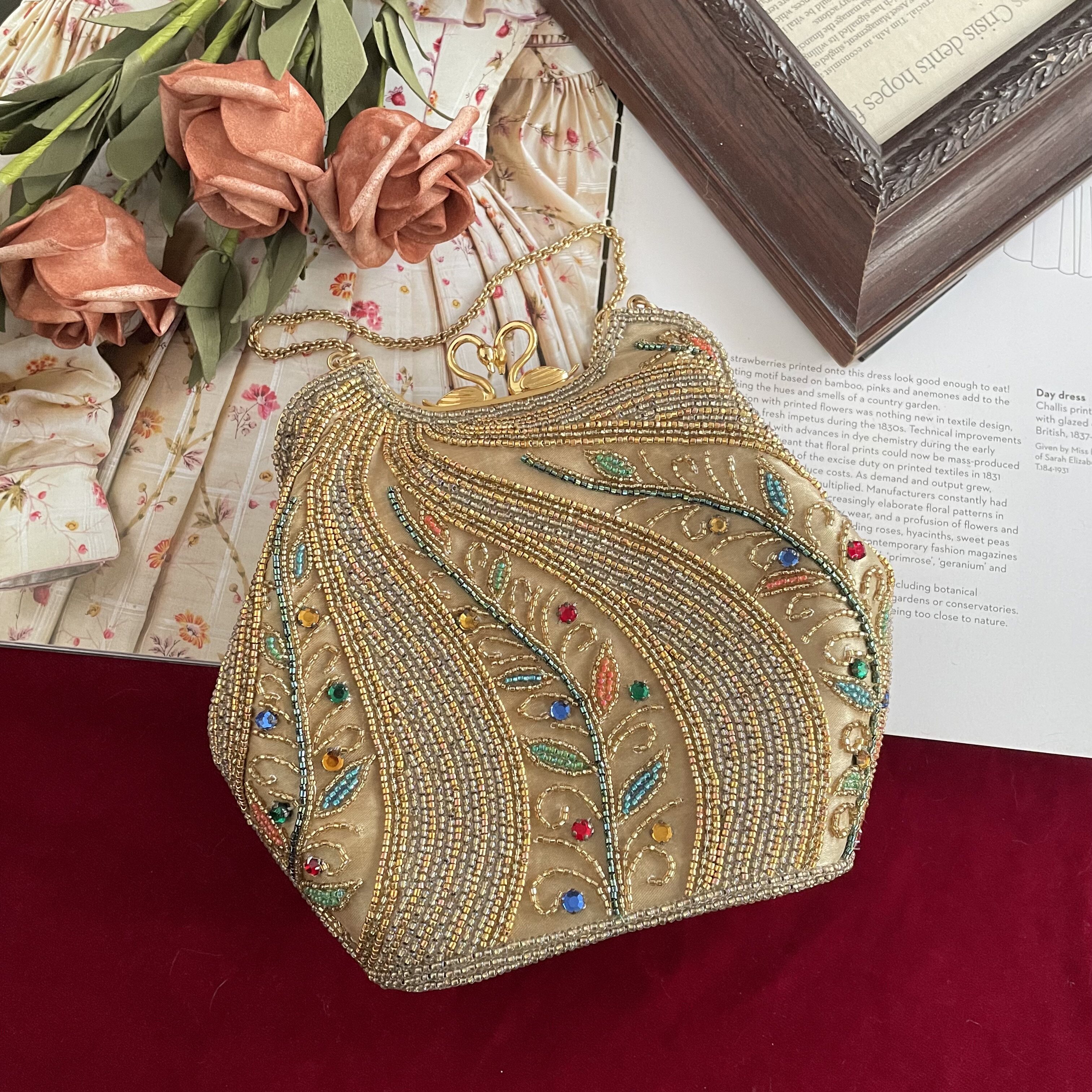 Vintage日本制手工串珠包天鹅心形中古包晚宴包手拎包