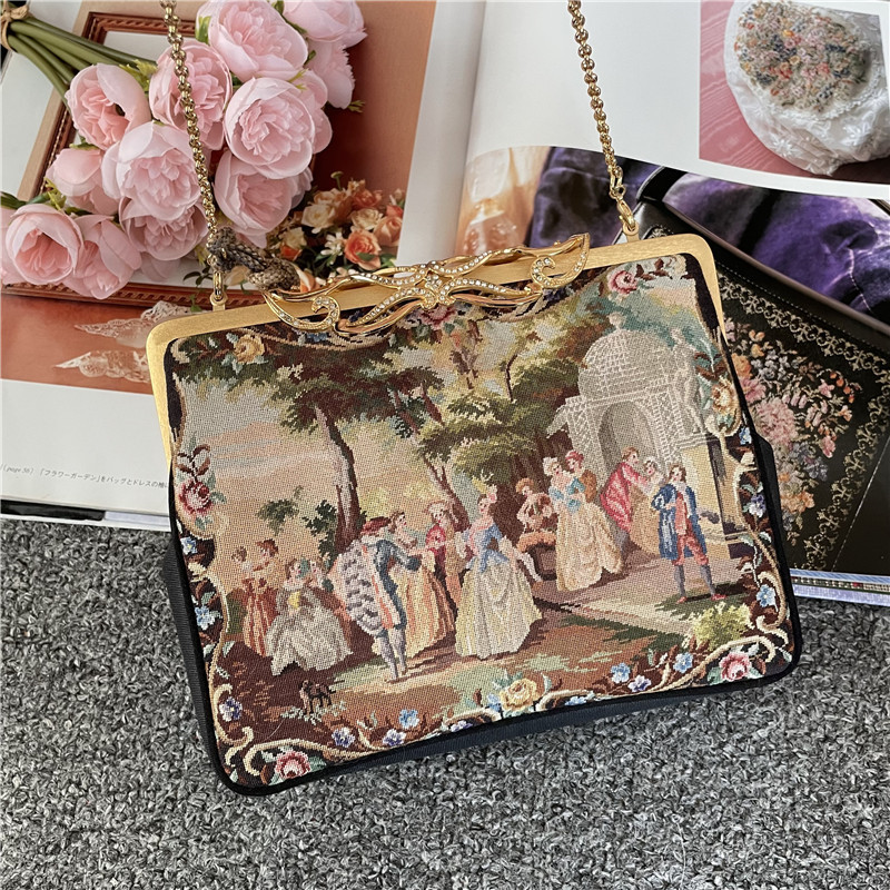 日本奢牌久家道子手工纳纱包镶钻口金中古包晚宴包