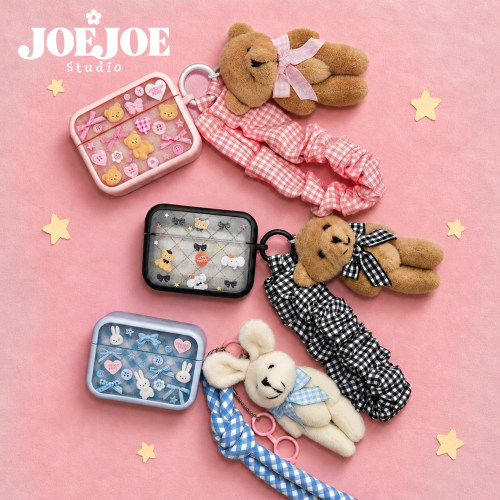 JoeJoe原创纽扣熊眼镜兔小熊小象适用苹果Airpods Pro3代/Pro2代/4代/5代无线透明耳机保护套耳机套软壳格纹