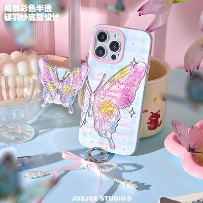 JOEJOE原创狐纹彩蝶适用15苹果14亮面手机壳iPhone16pro max双层16Pro保护壳13仙女蝴蝶梦幻唯美个性手机套