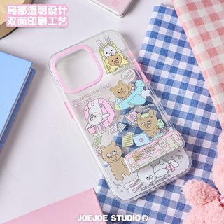 JOEJOE原创不想工作熊适用15苹果13亮面手机壳iPhone14pro max双层12爆闪15Pro保护壳可爱小熊兔子手机套