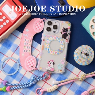 JOEJOE原创喵狗来电适用Apple17Pro苹果iphone17proMax亮面手机壳16Pro磁吸支架保护壳15手机套小熊糖14