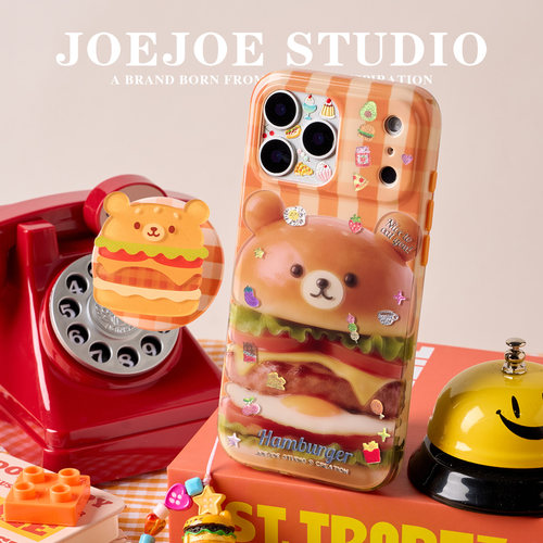 JOEJOE原创汉堡熊适用Apple17Pro苹果iphone17proMax亮面手机壳16Pro新款15磁吸支架保护壳14手机套格纹可爱