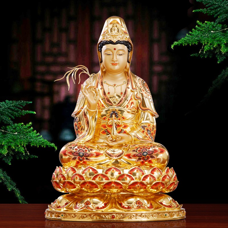 台湾纯铜贴金手工彩绘观音菩萨佛像家用供奉观音摆件南海观世音像