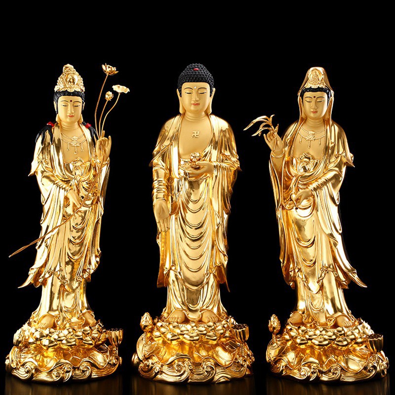 台湾黄铜贴金西方三圣观世音菩萨佛像阿弥陀佛像大势至菩萨像站像