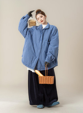 深蓝色日系复古格纹衬衫棉服外套