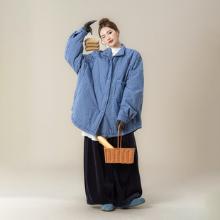 深蓝色日系复古格纹衬衫棉服女冬季新款宽松减龄翻领长袖棉衣外套