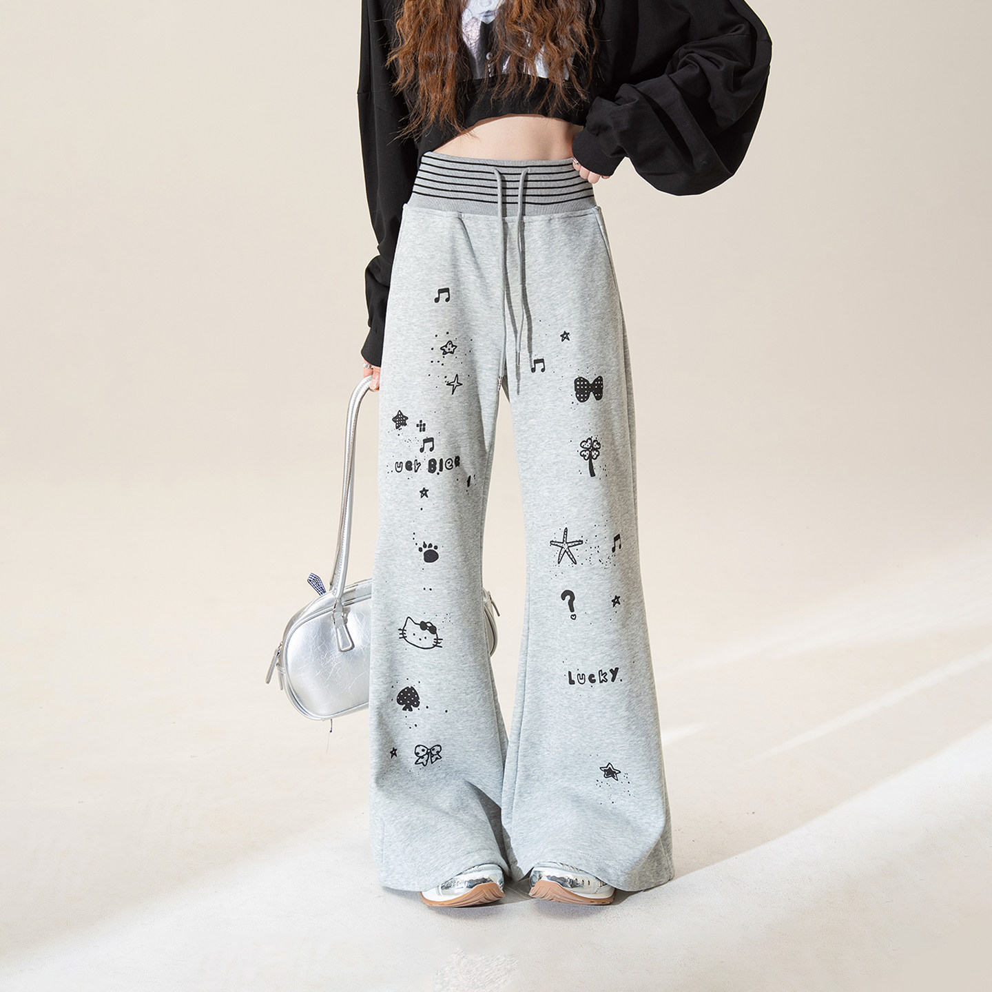 灰色美式复古卡通印花微喇运动卫裤女冬季新款加绒松紧腰休闲长裤,女装/女士精品,休闲裤,淘宝优惠券,粉丝福利购,淘宝优惠卷