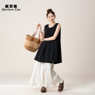妮茨维【极简轻语】褶皱抽绳中长款背心女基础款通勤穿搭无袖上衣