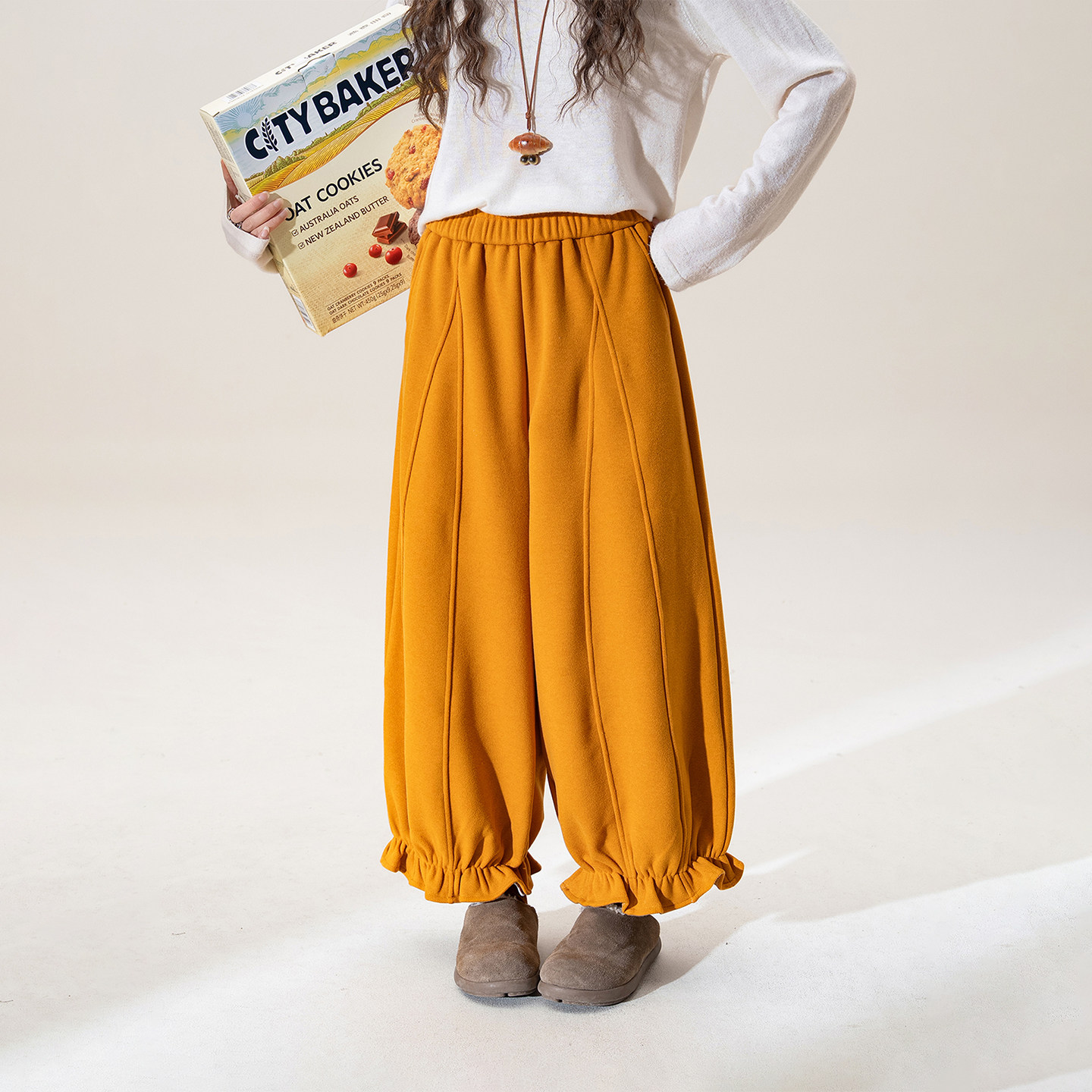 桔色木耳边花苞毛呢阔腿裤女冬季新款加绒加厚休闲减龄百搭灯笼裤,女装/女士精品,休闲裤,淘宝优惠券,粉丝福利购,淘宝优惠卷