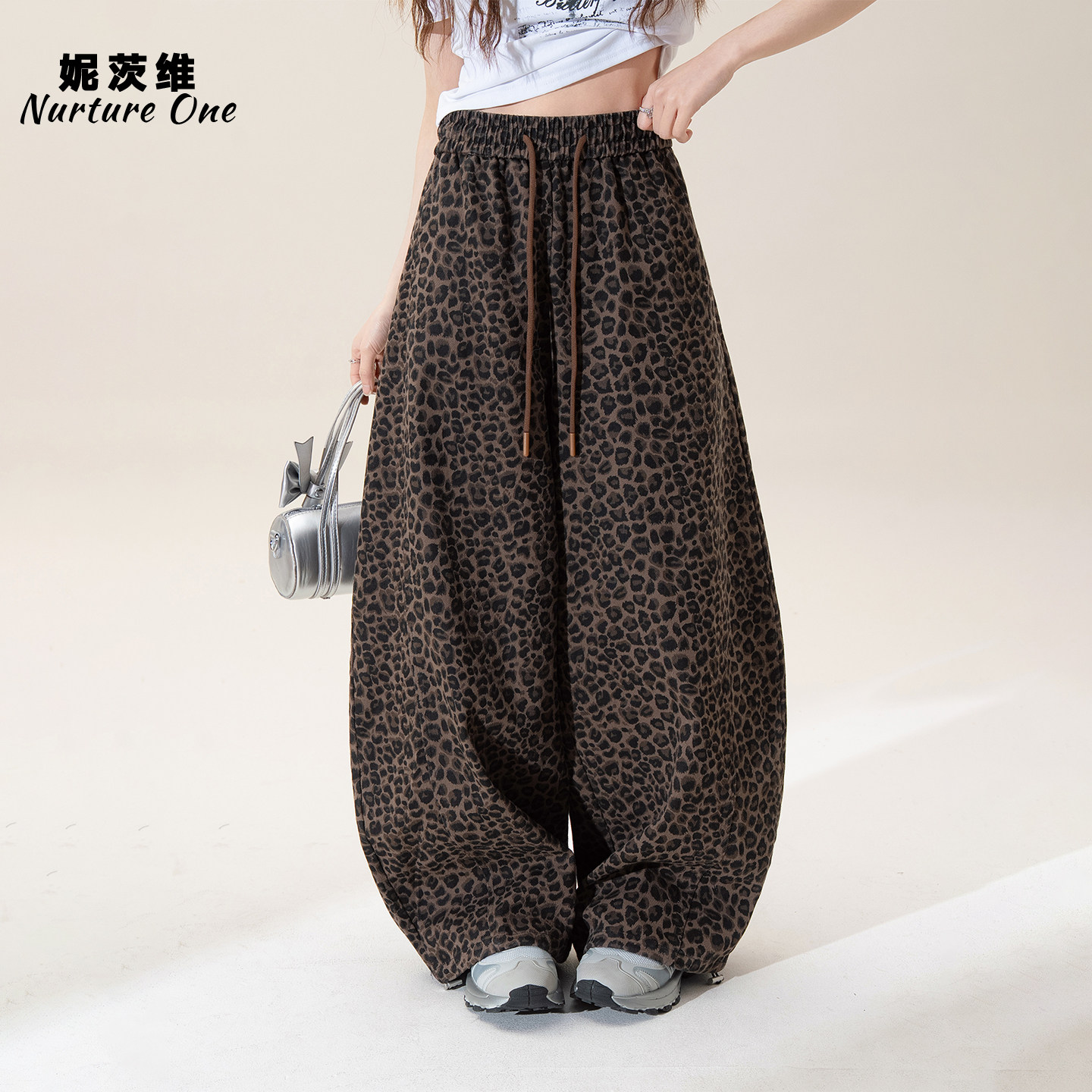 【棕豹栖云】复古高腰抽绳豹纹阔腿裤女春季新款宽松弯刀休闲裤子,女装/女士精品,休闲裤,淘宝优惠券,粉丝福利购,淘宝优惠卷