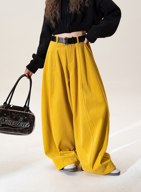 黄色高腰宽松慵懒风休闲裤女冬季新款垂坠感显瘦灯芯绒弯刀阔腿裤