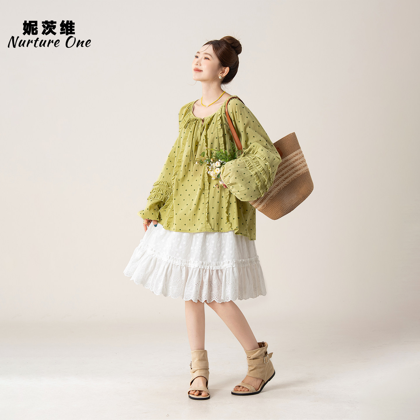 妮茨维【淡雅自然】木耳边微透长袖衬衫微胖女生穿搭防晒罩衫上衣
