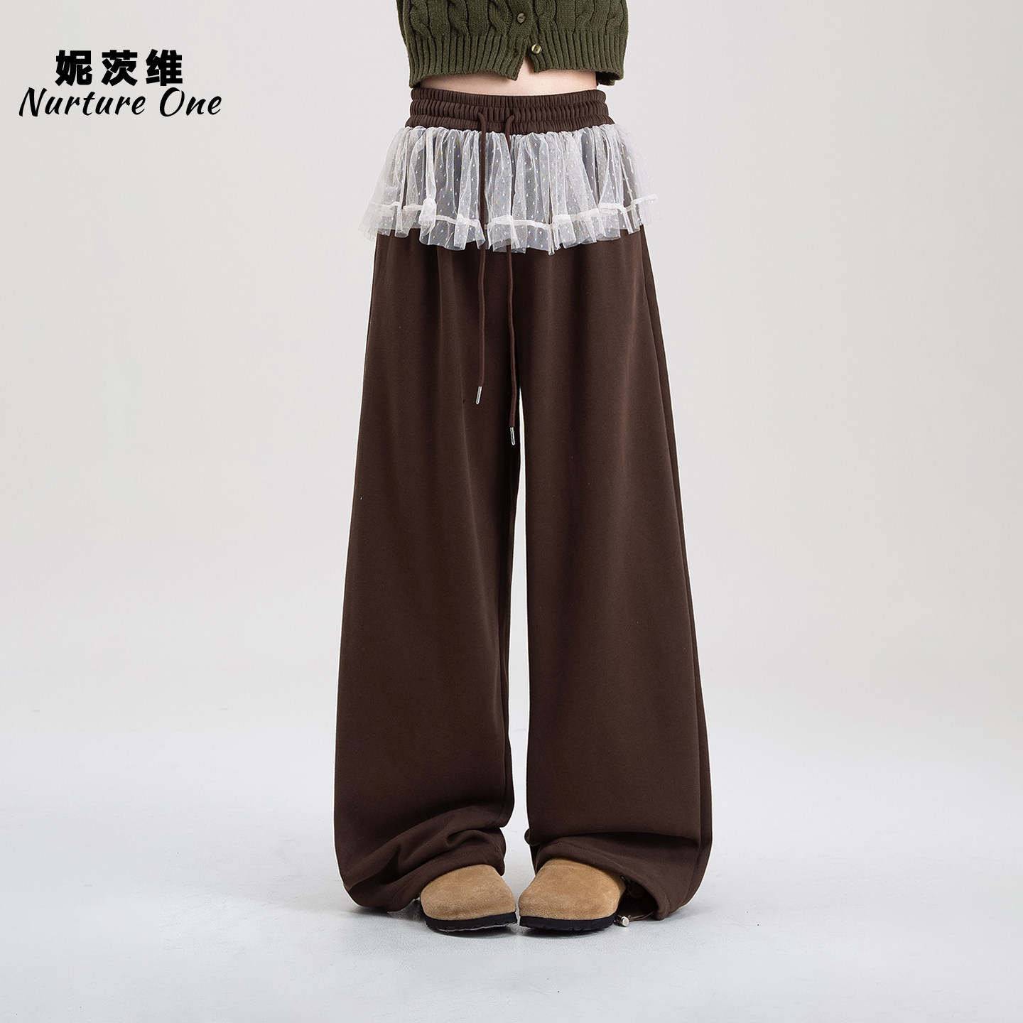 咖色蕾丝屁帘拼接阔腿裤女冬季新款高腰抽绳宽松直筒休闲运动卫裤,女装/女士精品,卫裤,淘宝优惠券,粉丝福利购,淘宝优惠卷