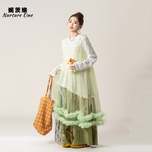 妮茨维【绿纱叠边】嫩绿色网纱蓬蓬连衣裙女春日穿搭花边拼接长裙