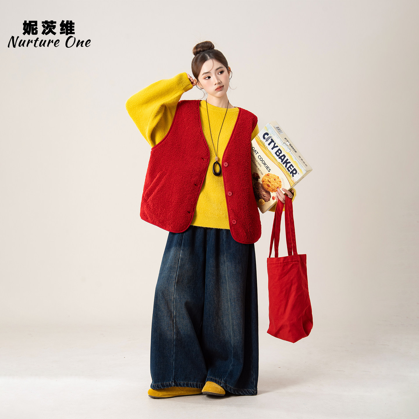 黄色宽松慵懒圆领套头针织毛衣女冬季新款叠穿羊羔毛马甲背心套装,女装/女士精品,毛衣,淘宝优惠券,粉丝福利购,淘宝优惠卷