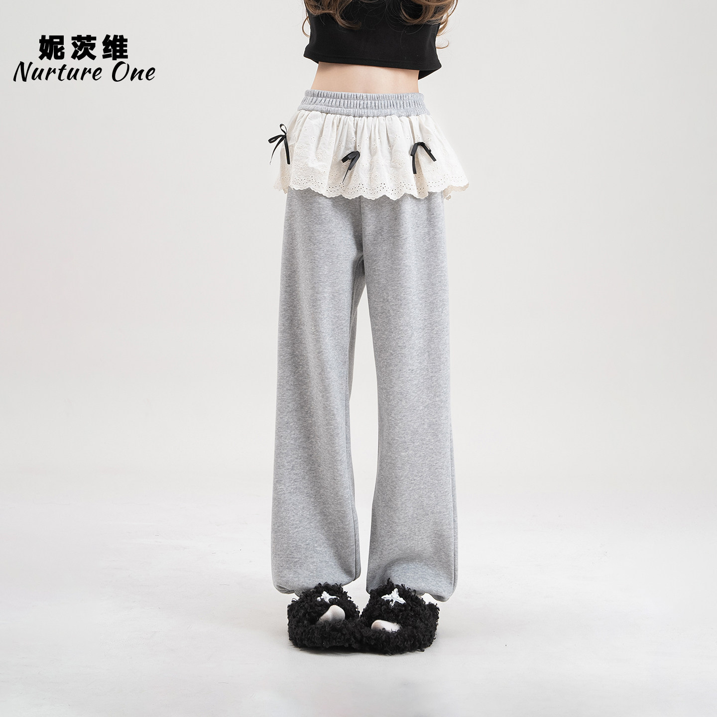 灰色蕾丝花边束脚卫裤女冬季新款高腰显瘦宽松直筒加绒运动休闲裤,女装/女士精品,卫裤,淘宝优惠券,粉丝福利购,淘宝优惠卷