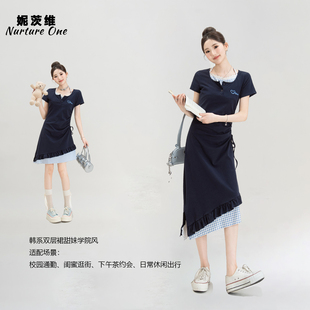 宝蓝色甜美学院风假两件连衣裙女夏季穿搭抽褶收腰格子刺绣长裙子