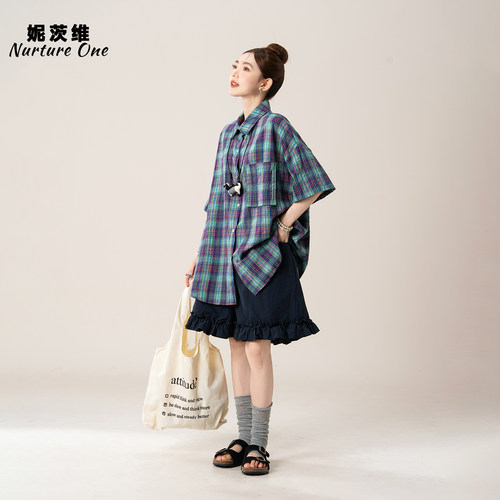 复古格子短袖衬衫宽松慵懒风上衣