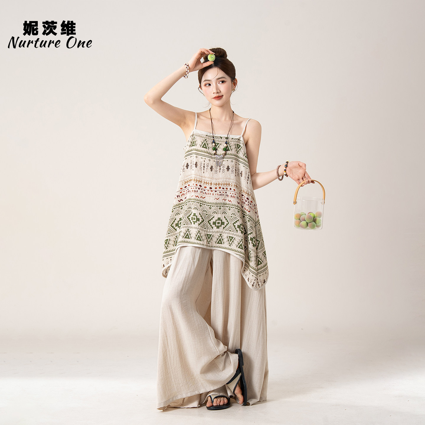 妮茨维【民族印记】度假风印花吊带背心女氧感出游穿搭凉感阔腿裤