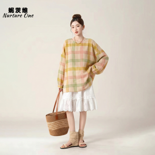 妮茨维【马卡龙格】圆领宽松格子长袖衬衫女氧感出游穿搭罩衫上衣