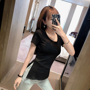 夏季纯棉短袖t恤女装2023年新款修身显瘦开叉U领性感紧身辣妹上衣