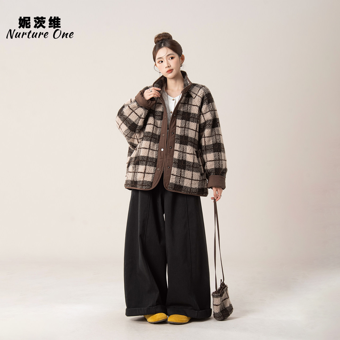 咖啡色日系复古摇粒绒格纹外套女冬季新款单排扣宽松显瘦保暖上衣,女装/女士精品,短外套,淘宝优惠券,粉丝福利购,淘宝优惠卷