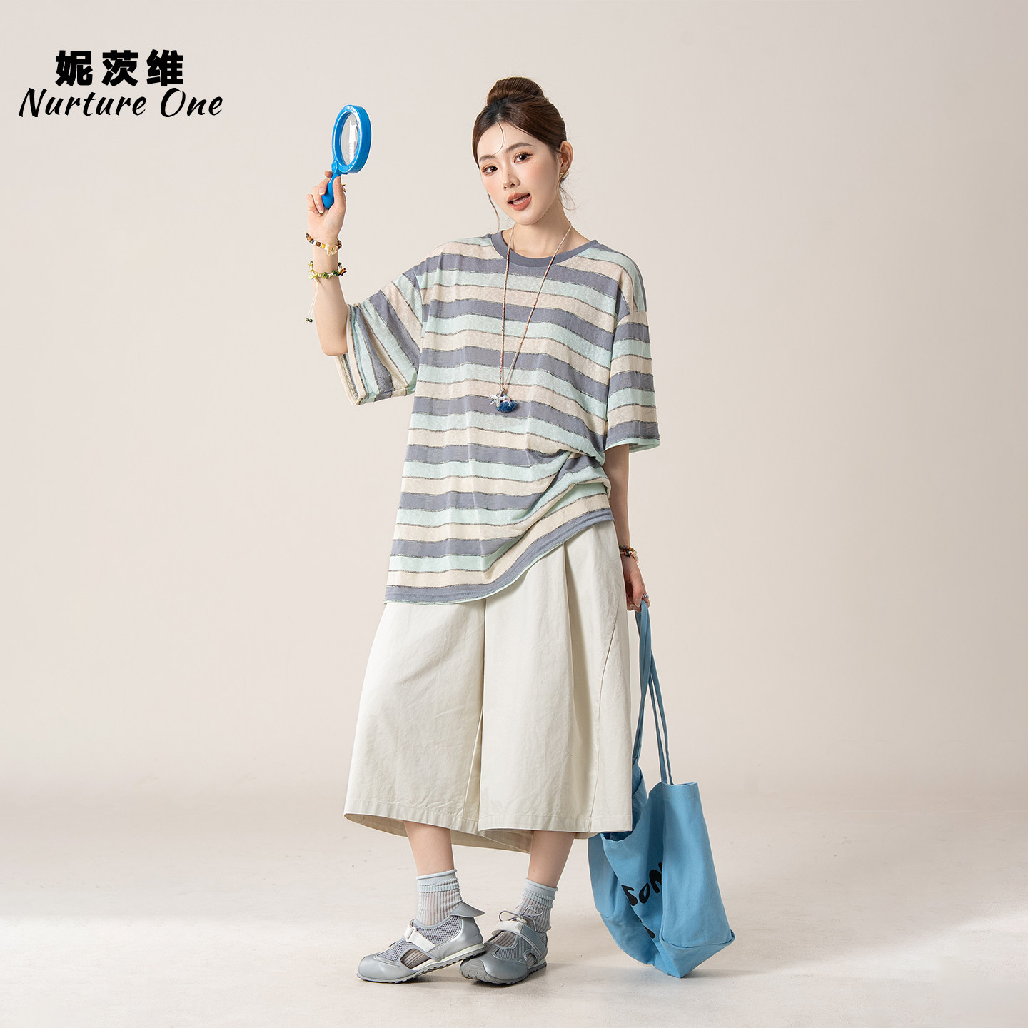 妮茨维【浅雾柔光】条纹短袖T恤女氧感出游穿搭廓形中裤两件套装