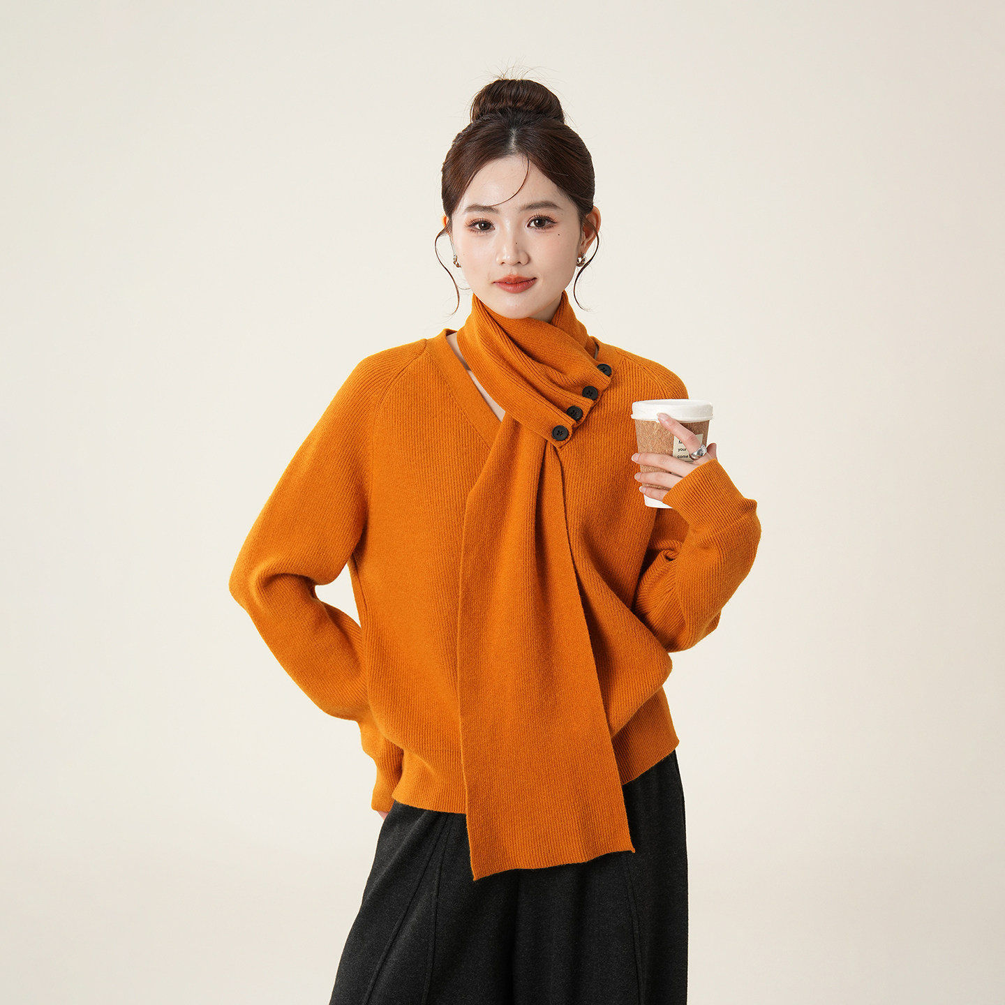 橙黄色V领宽松慵懒风套头毛衣女冬季新款可拆围巾休闲针织打底衫,女装/女士精品,毛衣,淘宝优惠券,粉丝福利购,淘宝优惠卷
