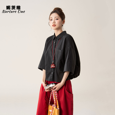 纯色短款翻领衬衫显瘦半袖上衣女