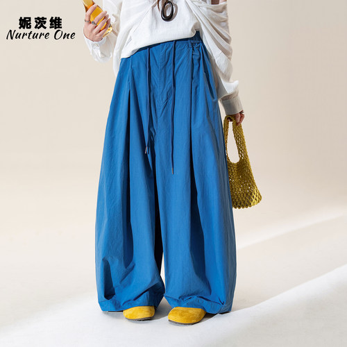 蓝色高腰直筒阔腿裤弯刀休闲裤女