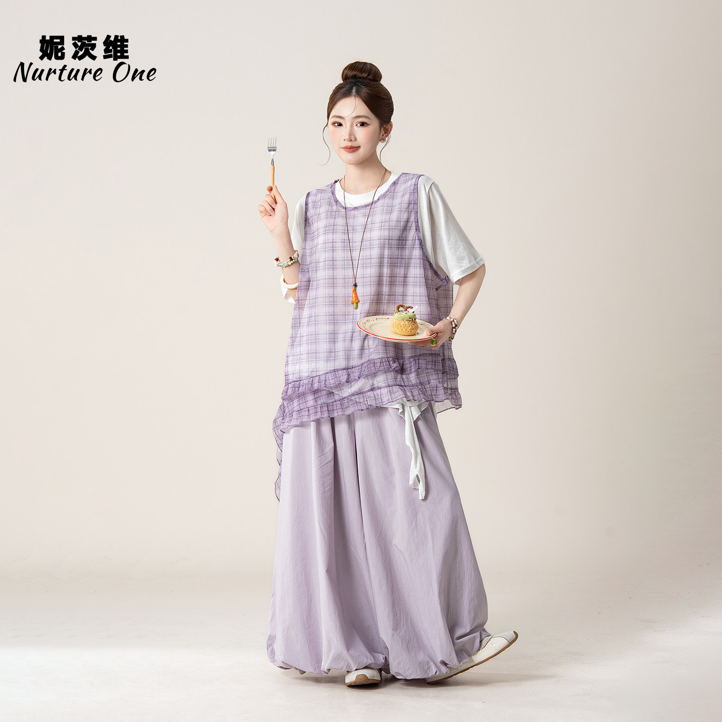 妮茨维【紫雾轻纱】森系穿搭网纱格子马甲叠穿短袖T恤阔腿裤套装
