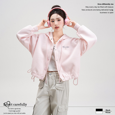 粉色字母刺绣连帽卫衣外套女春季