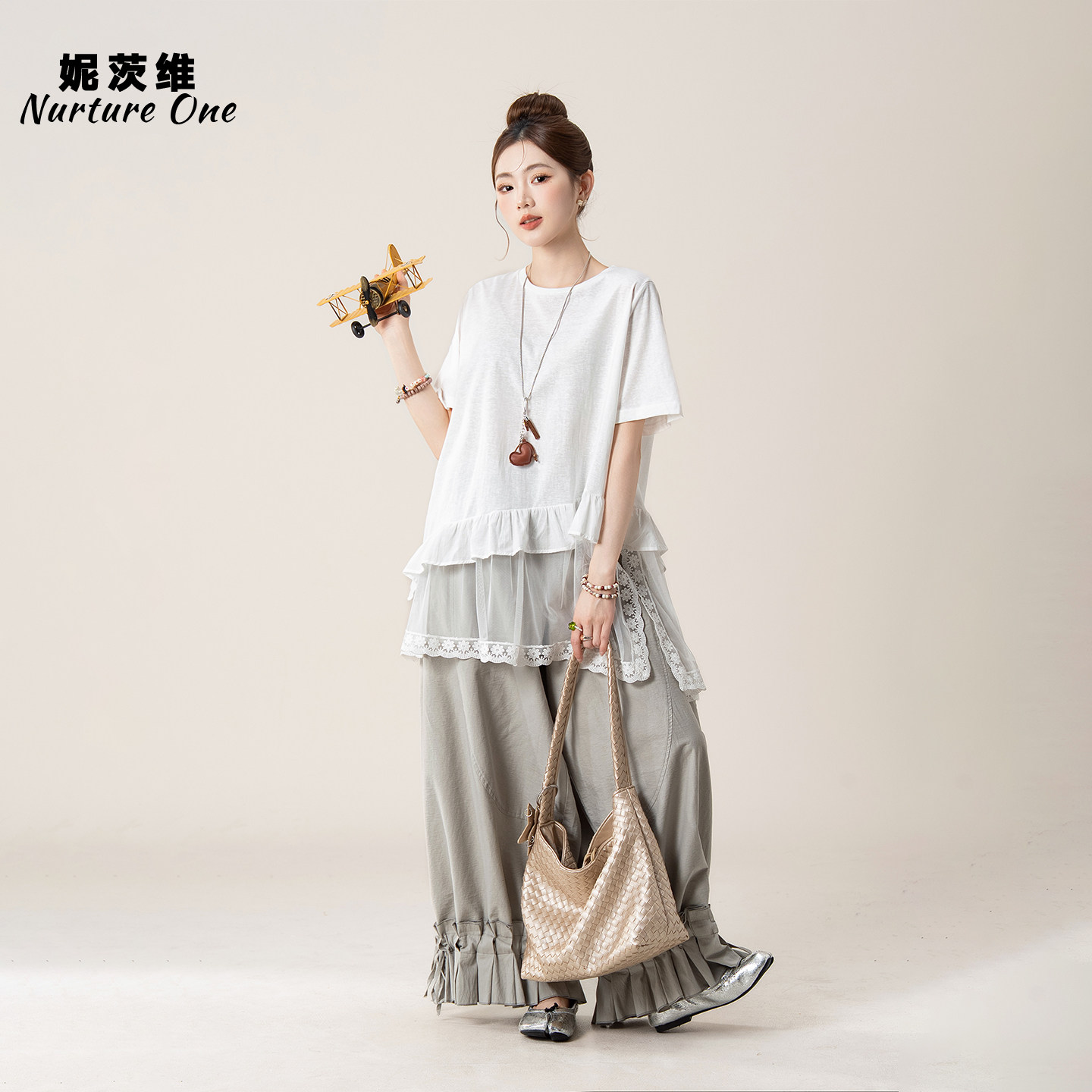 妮茨维【云纱漫舞】白色不规则网纱拼接T恤女柔软叠搭阔腿裤套装
