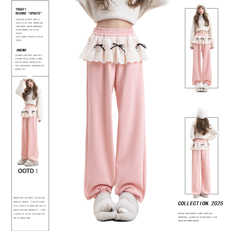 慵懒风刺绣蕾丝拼接粉色束脚加绒卫裤女冬季小个子甜美减龄休闲裤,女装/女士精品,卫裤,淘宝优惠券,粉丝福利购,淘宝优惠卷