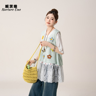 妮茨维【绿影田园】花朵马甲女色彩穿搭叠拼接短袖T恤牛仔裤套装