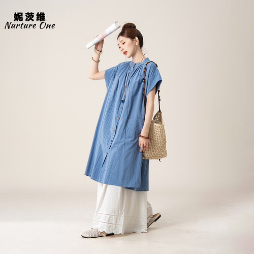 宽松圆领短袖衬衫裙阔腿裤套装女