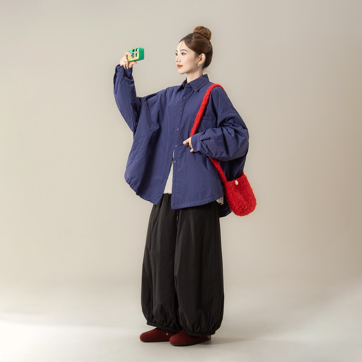 紫色日系文艺复古风宽松夹棉衬衫外套女春秋新款休闲百搭保暖上衣