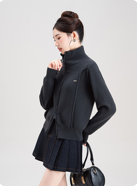 灰色双拉链高领针织运动毛衣女秋装新款简约宽松百搭长袖开衫外套