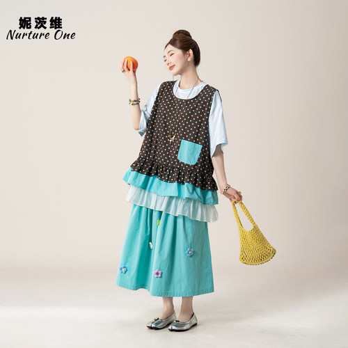 荷叶边拼接波点马甲T恤阔腿裤女