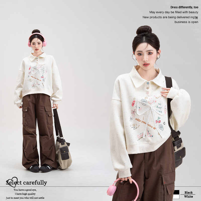 妮茨维杏彩色波点蝴蝶结印花卫衣女春季新款polo领学院风长袖上衣,女装/女士精品,POLO衫,淘宝优惠券,粉丝福利购,淘宝优惠卷