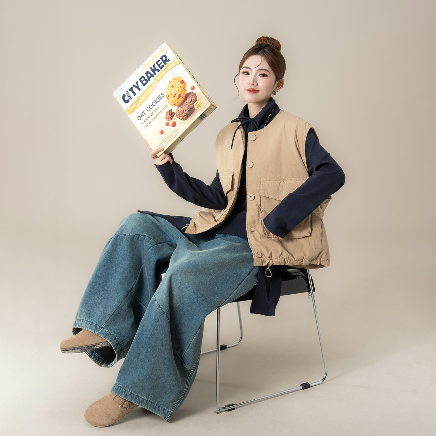 杏色韩版宽松显瘦大口袋工装马甲背心女秋冬新款圆领无袖棉服外套