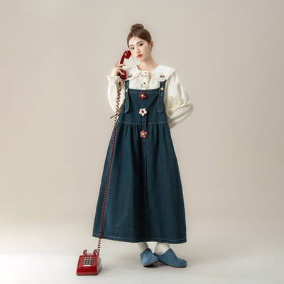 蓝色甜美学院风花朵牛仔背带裙女