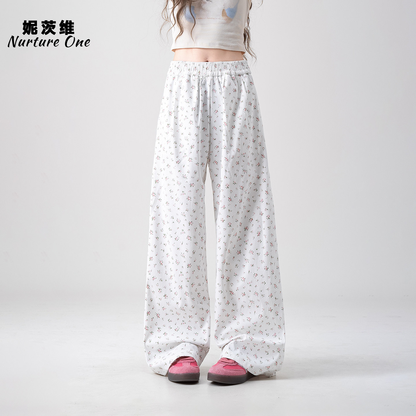 白色小碎花直筒休闲裤女春季新款高腰宽松阔腿遛弯百搭拖地长裤子,女装/女士精品,休闲裤,淘宝优惠券,粉丝福利购,淘宝优惠卷