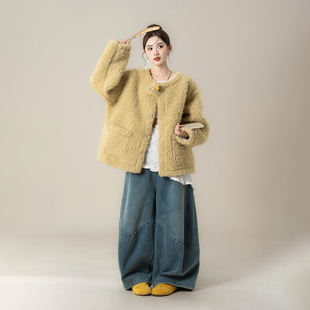 柠檬黄色皮毛一体羊羔毛外套女春秋新款宽松显瘦加厚保暖毛毛上衣